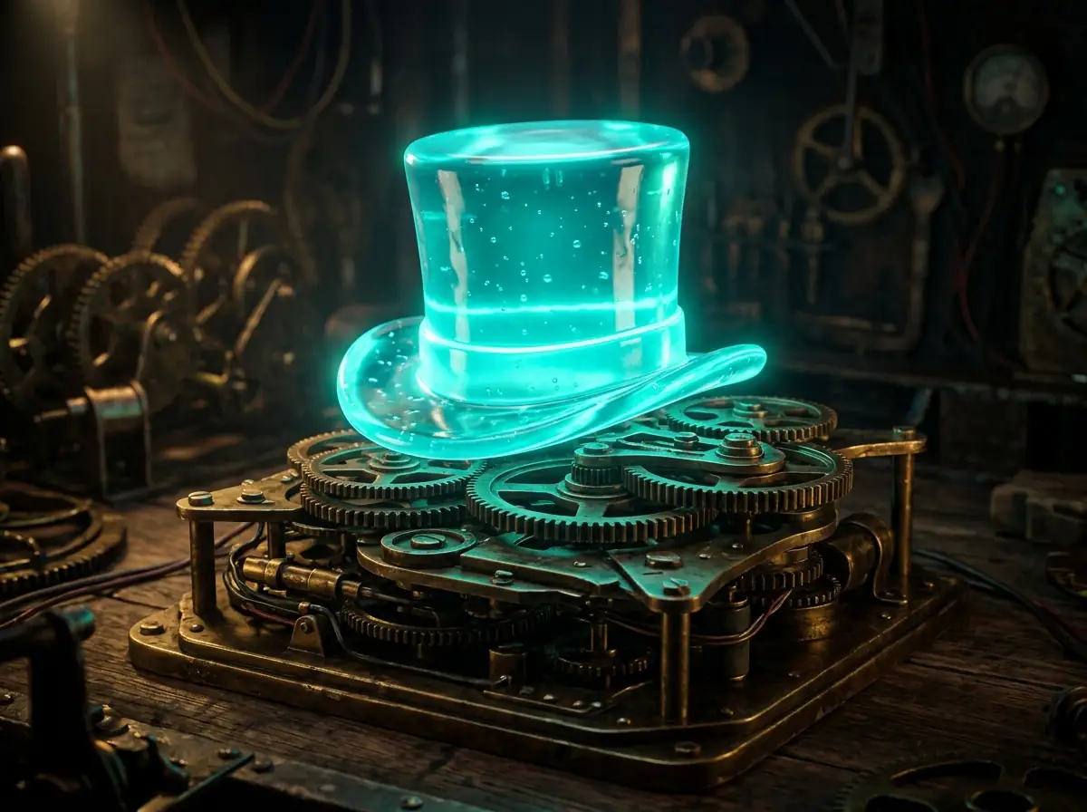 Glowing Cyan Top Hat on Brass Gears